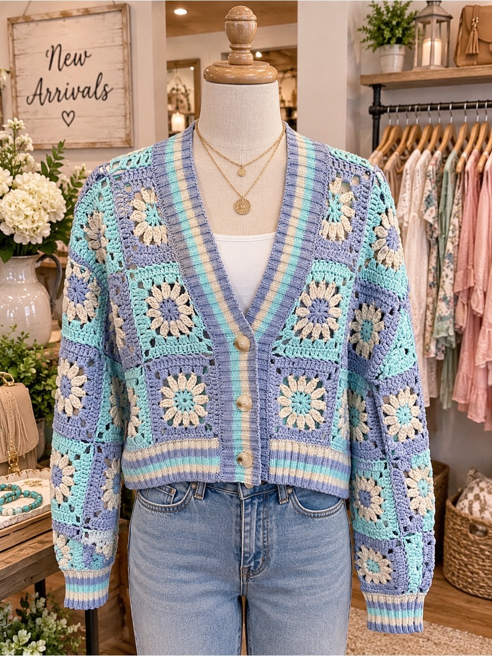 Pink Lily Crochet Floral Square Cardigan - Lavender, Mint & Cream